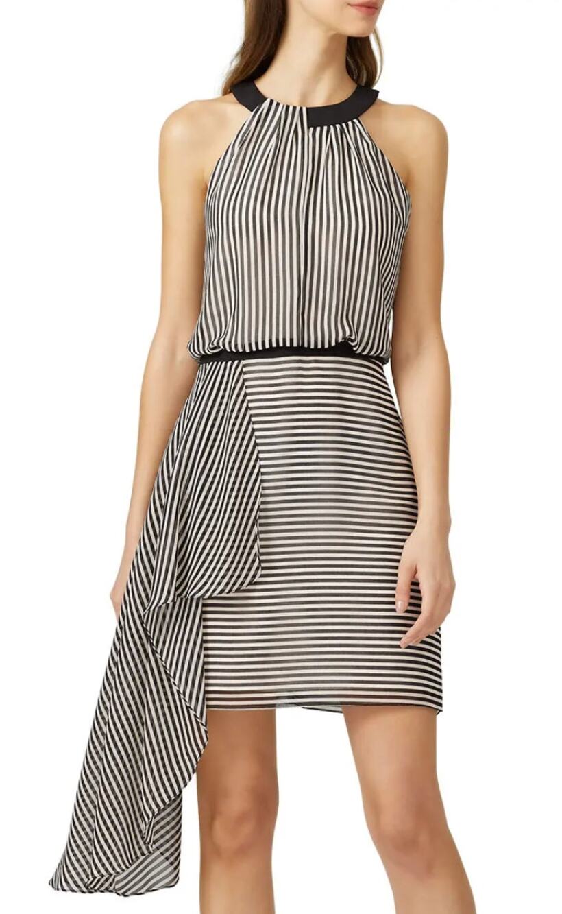Halston Heritage Draped Stripe Dress Black White MEDIUM Career Designer $300